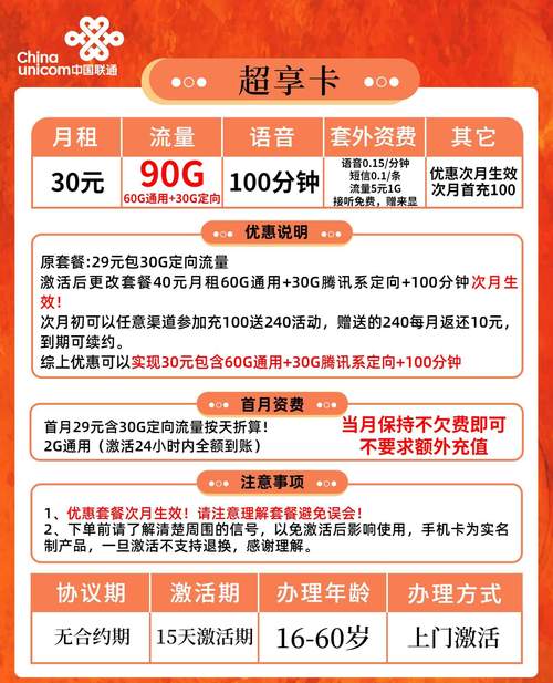 续约套餐联通超享卡30元月租 90gb流量 100分钟通话