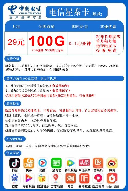 29元每月100g爆款电信卡流量重新上架长期套餐可选号