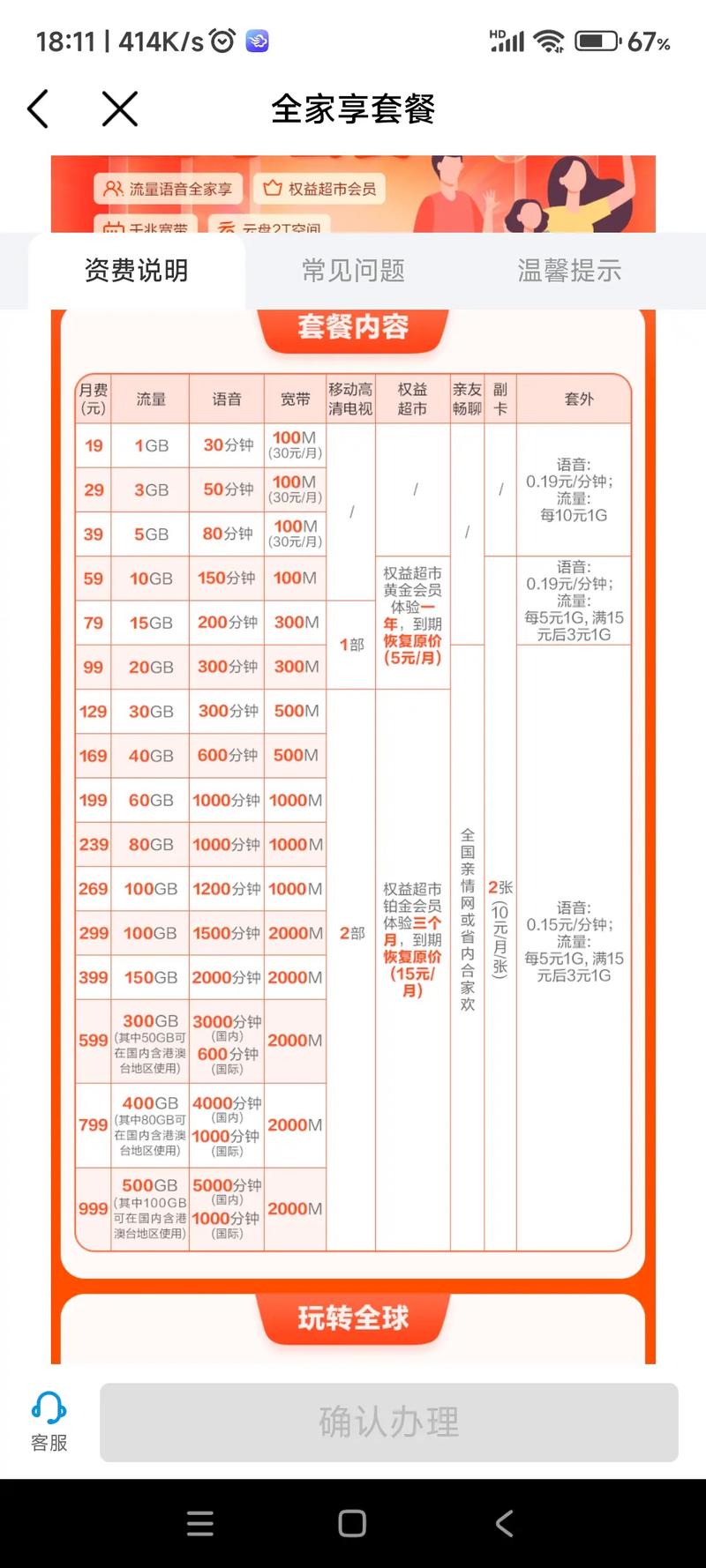 移动套餐资费一览表2025
