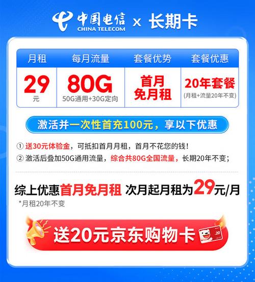 china telecom 中国电信 长期卡 长期29元月租套餐20年不变 80g全国
