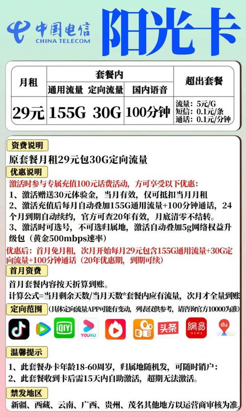 telecom 中国电信 阳光卡 长期29元155gb通用流量 30gb定向流量 100
