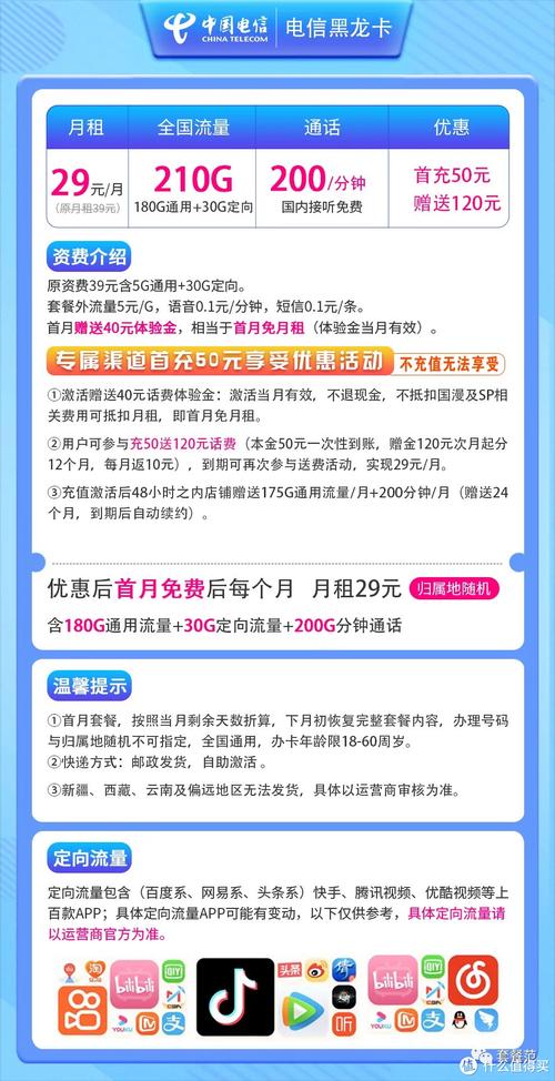 电信黑龙卡29元长期套餐不仅拥有高达210g流量200分钟通话还可以选