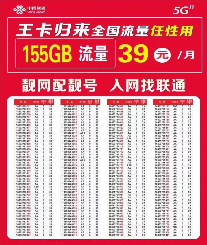 中国联通流量王39元月155gb全国流量