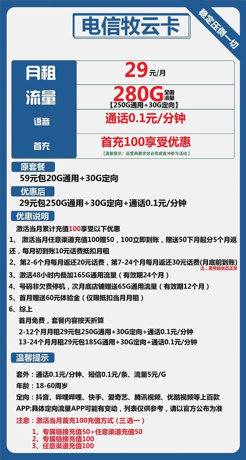 电信牧云卡29元包250g通用 30g定向
