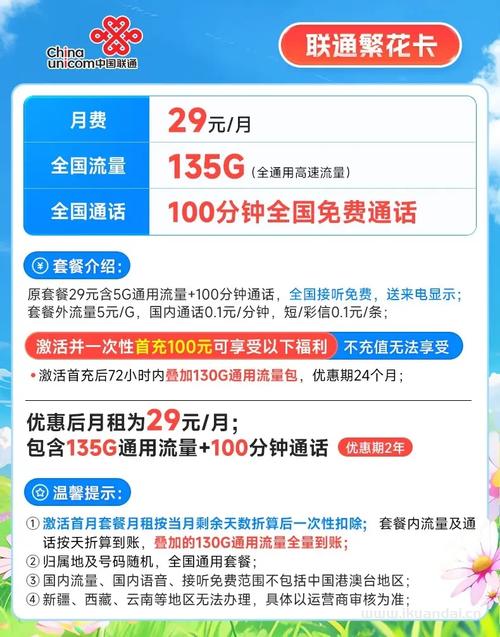 联通繁花卡29元135g流量套餐介绍联通大王卡申请办理入口