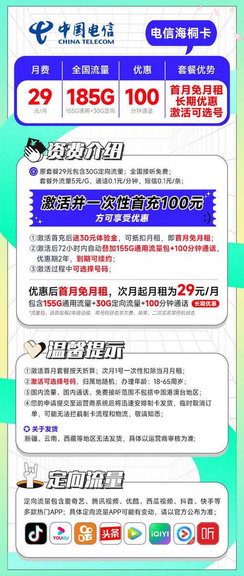 chinatelecom中国电信海桐卡29元185g100分钟长期套餐自选号码