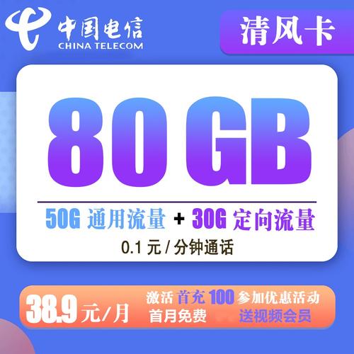 电信清风卡389元80g流量 01元分钟通话长期套餐