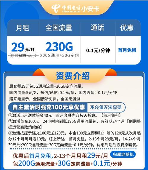 电信小安卡29元230g全国流量 01元分钟通话