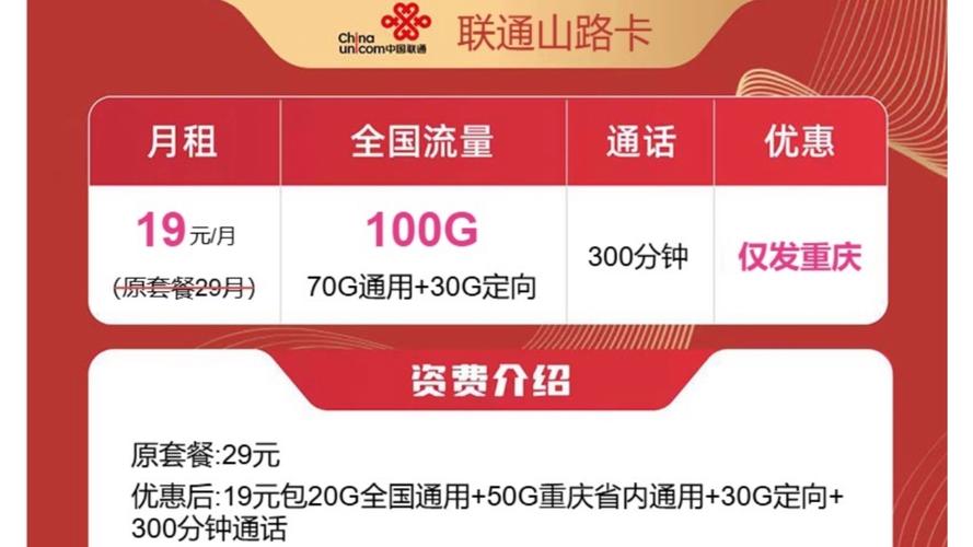 重庆联通山路卡19元包70g通用流量 30g定向流量 300分钟长期套餐只