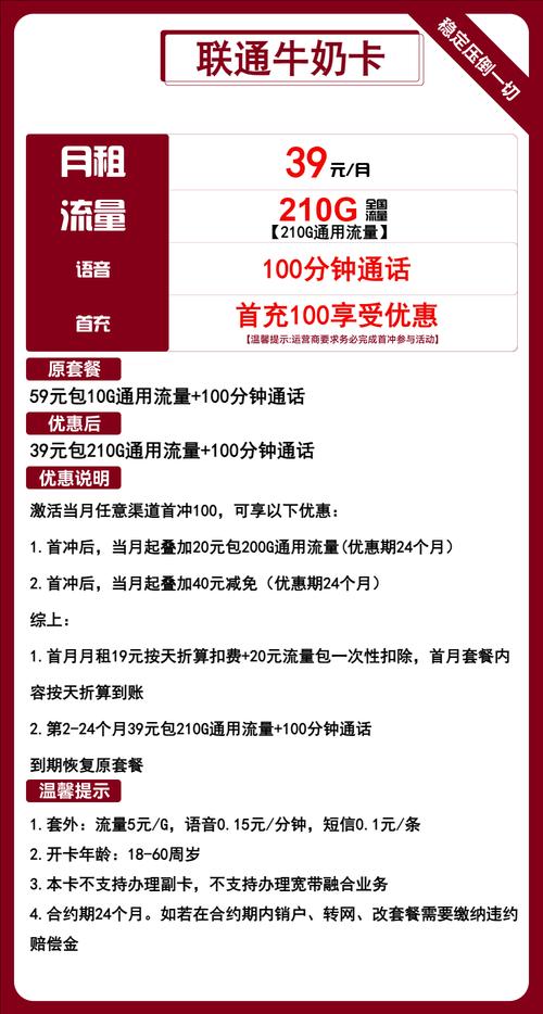 联通牛奶卡39元套餐优惠期通信