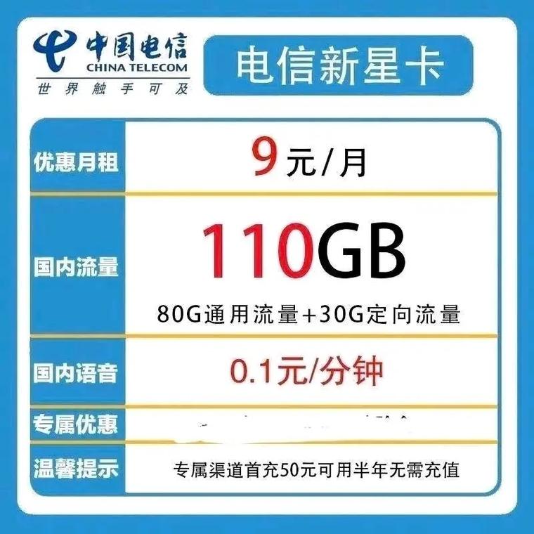 电信大流量卡低资费月租9元一个月110g大流量80g通用流
