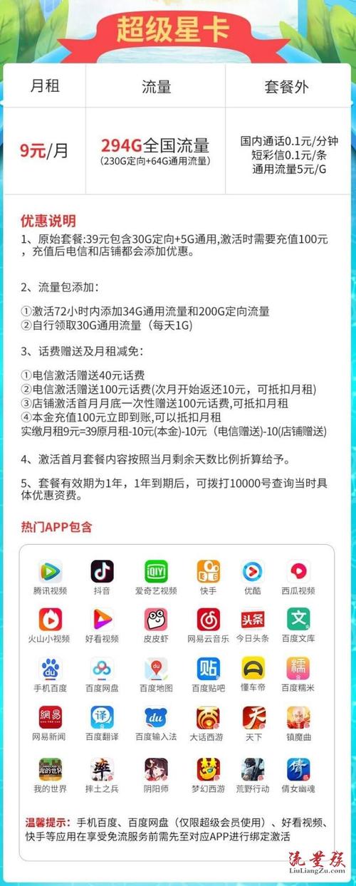 电信超级星卡9元套餐介绍64g通用流量230g定向流量