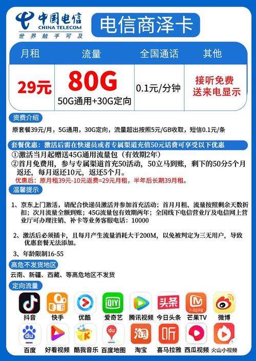 02套餐海报电信商泽卡每月包含50g通用流量 30g定向流量 众多定向免