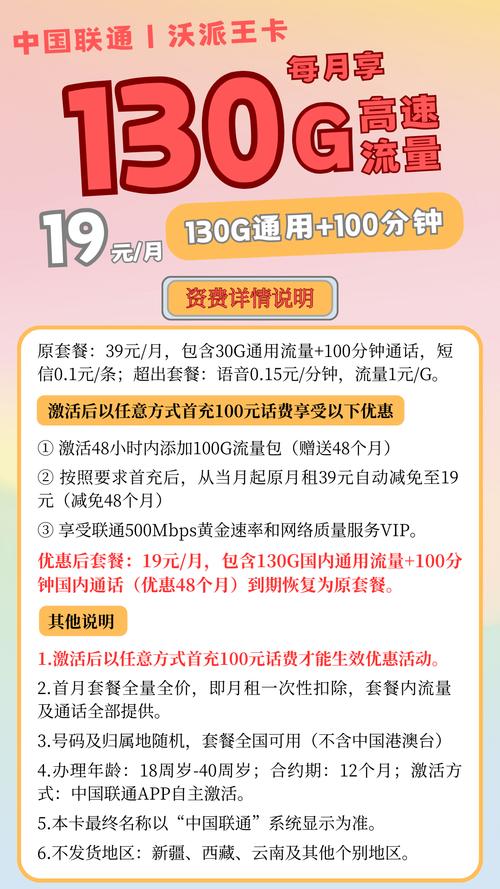 安徽联通沃派王卡19元套餐介绍1月租原月租是39元激活后以任意方式