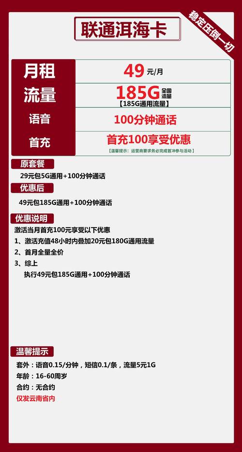 2025联通洱海卡49元185g通用 100分钟通话实测本地人专属福利