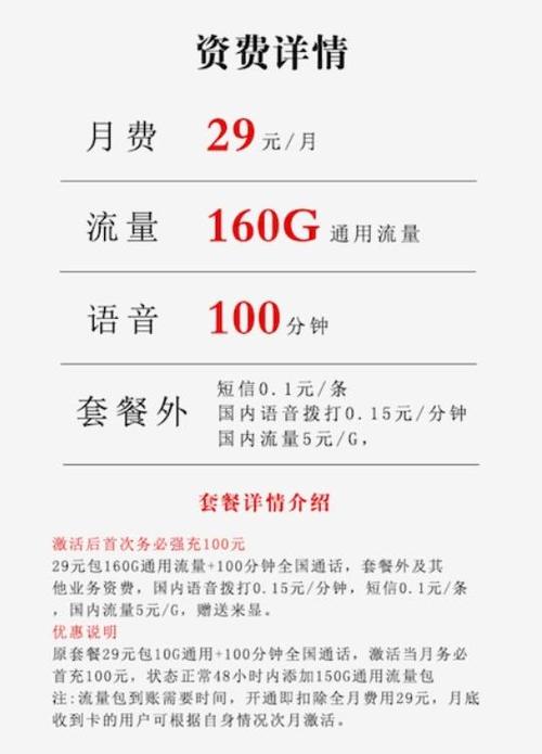 联通长期套餐29元每月160g通过流量100分钟通话