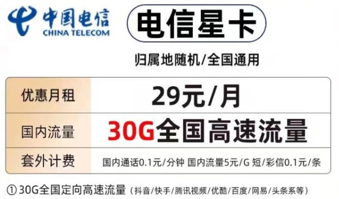 电信星卡专用流量卡介绍29元30g全国定向流量