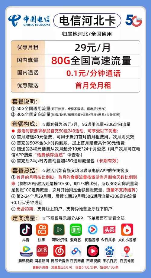 河北电信29月租送50g通用 30g定向 01元分钟通话