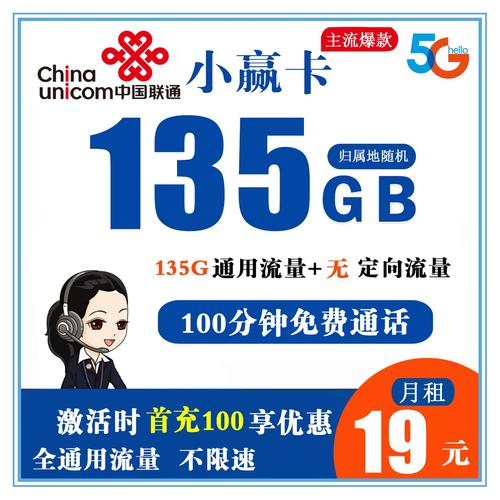 联通 小赢卡 19元135g全通用流量 100分钟免费通话