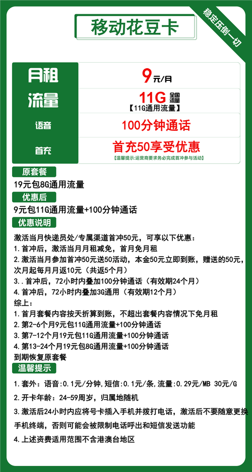 移动流量卡推荐移动花豆卡9元月11g流量 100分钟通话低月租