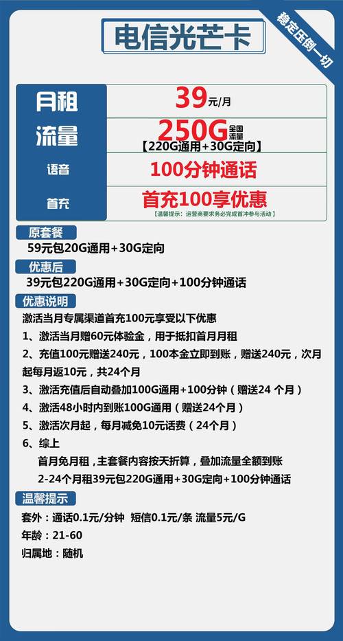 电信坦途卡29元包155g通用流量30g定向流量无主叫功能