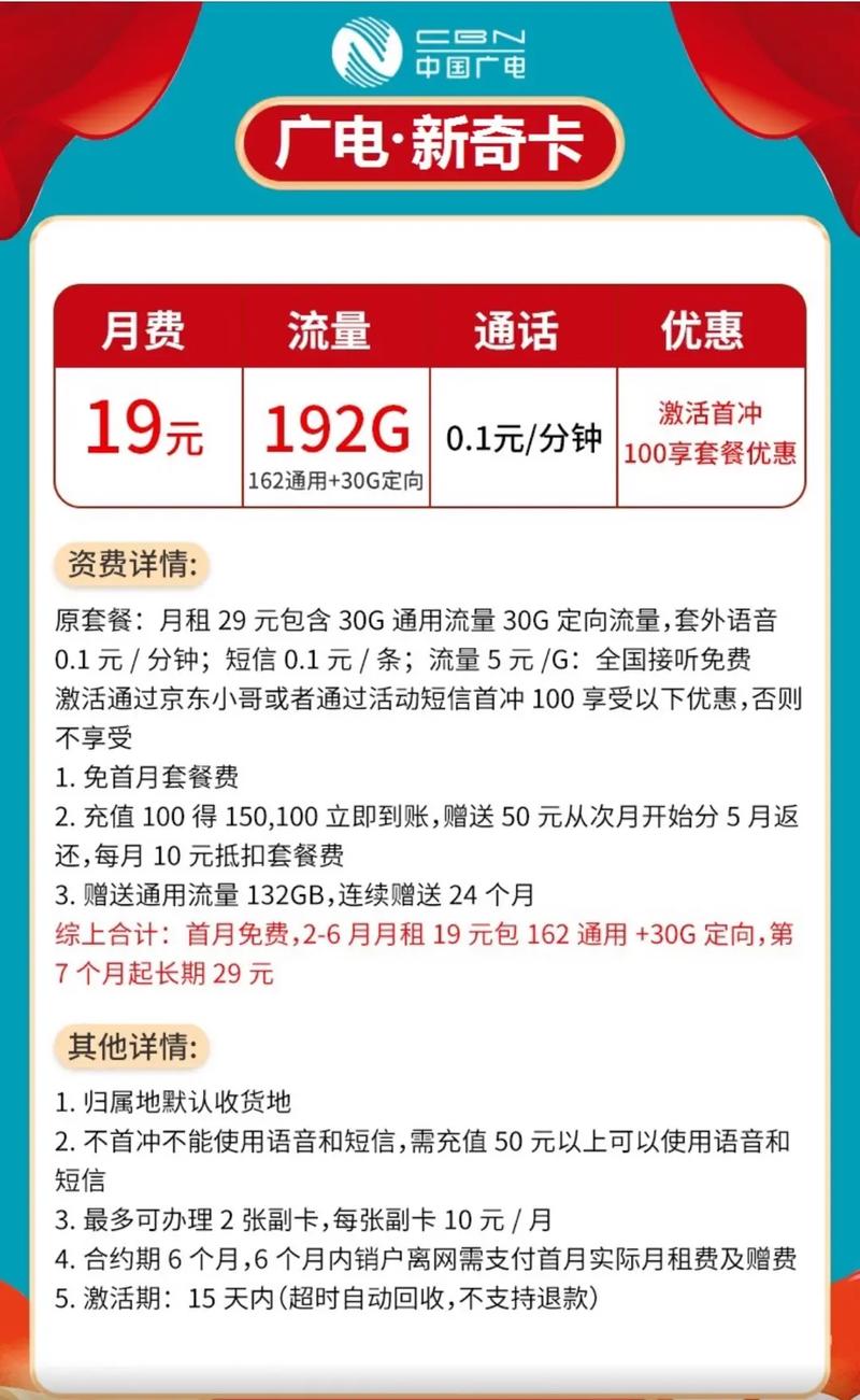 中国广电19元192g流量不限速移动网能开副卡副卡每月