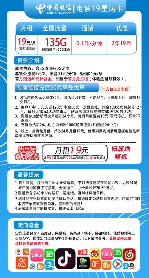 电信星诺卡19元135g流量套餐介绍