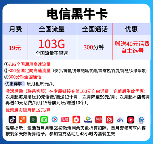 套餐海报19元月电信黑牛卡免费办理月享73g全国通用流量 30g定向