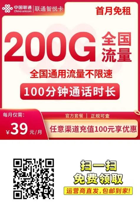 中国联通智悦卡 每月39元200g流量 100分钟通话 长期
