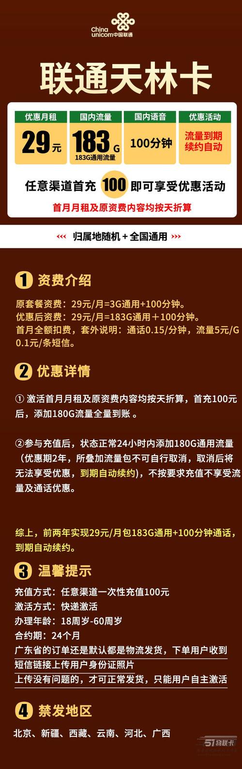 联通天林卡 29元包183g通用流量 100分钟通话流量到期自动续约