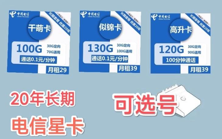 20年长期电信星卡 29元100g 39元130g 39元120g 100分钟