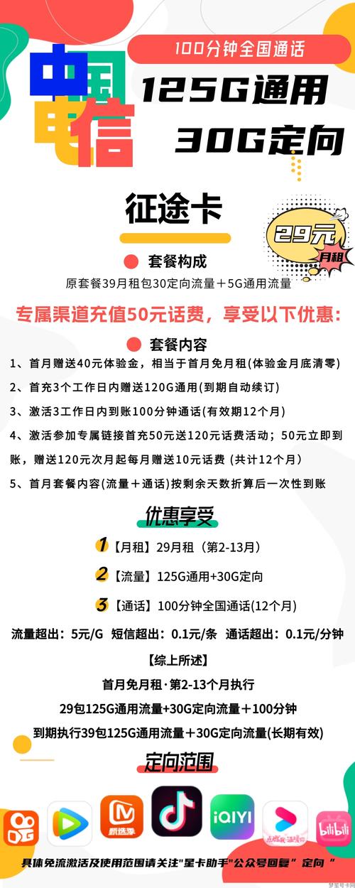 电信征途卡畅享极速网络和通讯只需29元就可获得125g通用流量30g