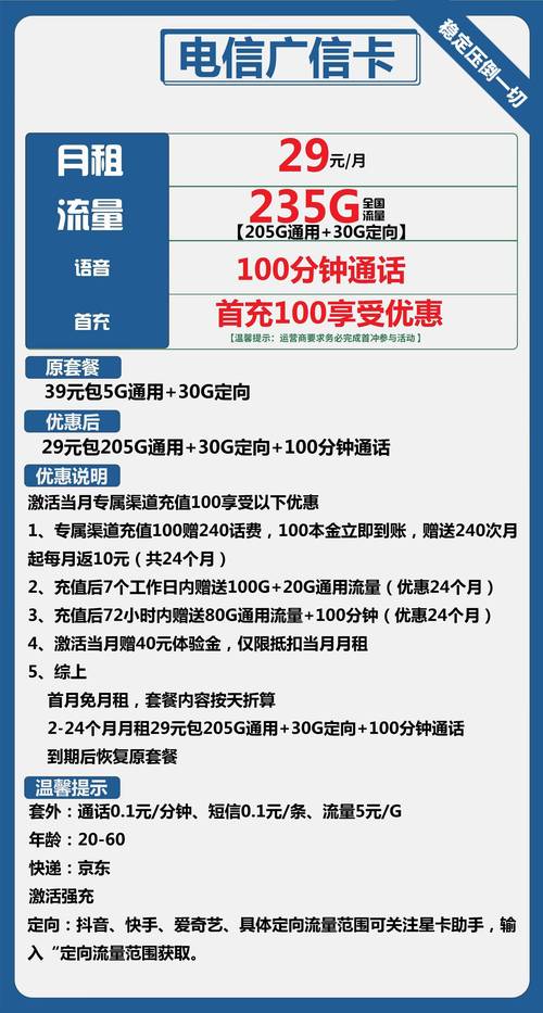 长期套餐2024电信星卡广信卡29元包205g通用 30g定向 100分钟通话