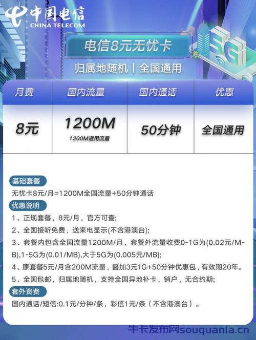 电信8元无忧卡 12g通用流量 50分钟通话