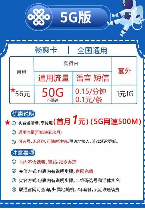 联通5g畅爽卡56元套餐介绍50g流量套内无免费通话首月1元