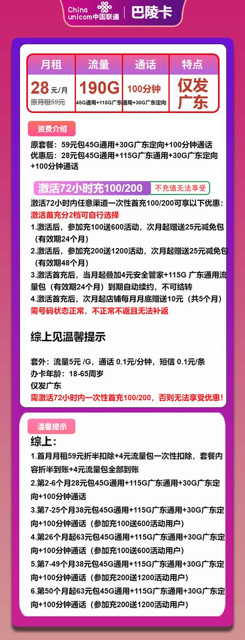 联通流量卡推荐联通巴陵卡28元月190g流量100分钟通话长期套餐仅发