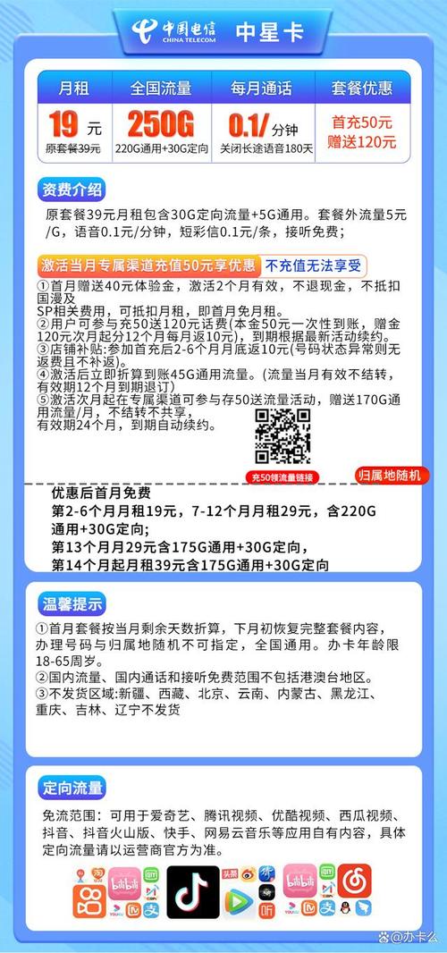 电信中星卡办理需要注意的是首月免月租2