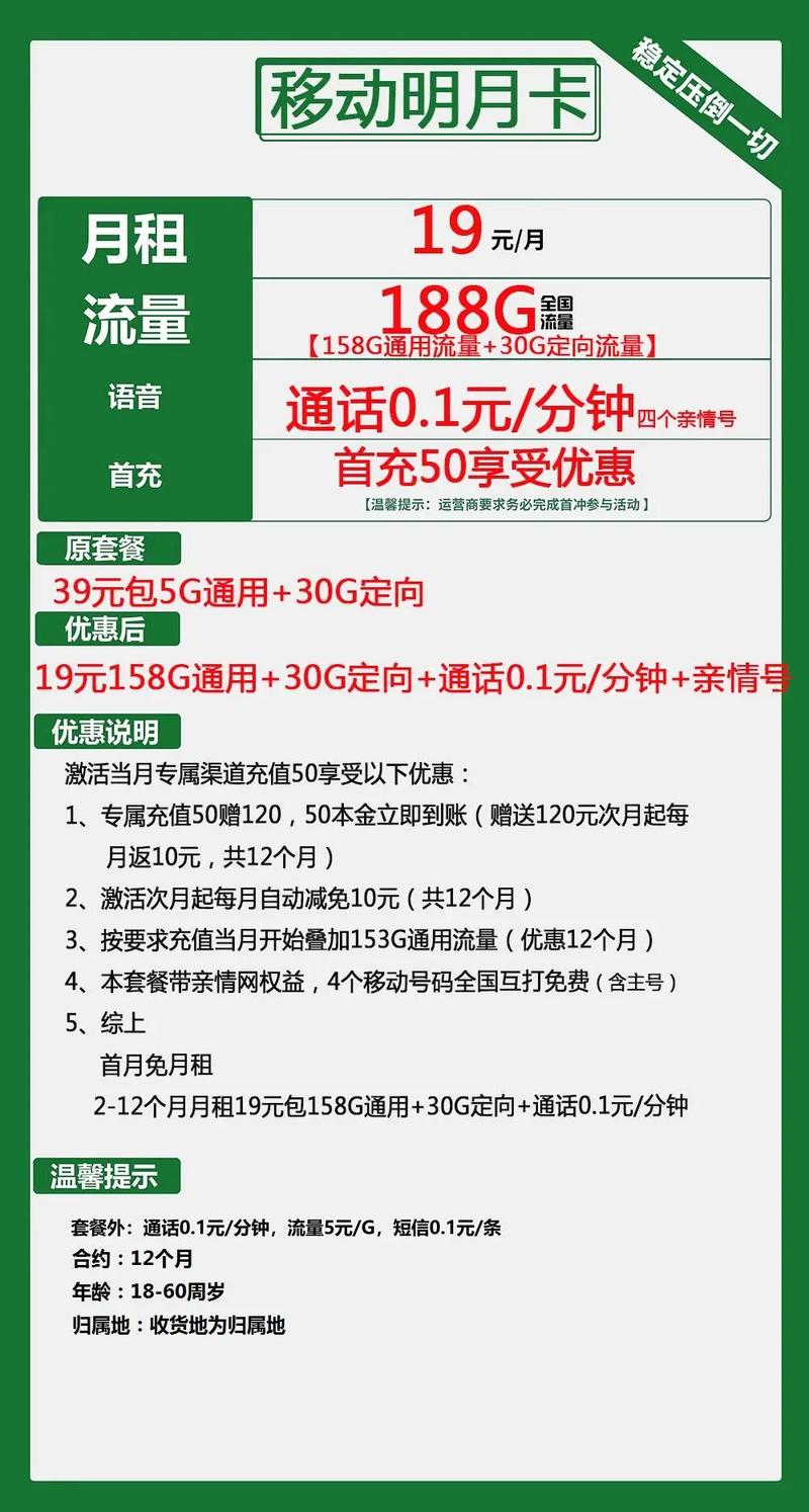 收货地即为归属地的大流量电话卡移动爆款套餐19元月租188