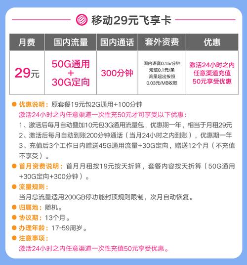 移动飞享流量卡29元月50g全国流量 30g定向流量 300分钟通话 