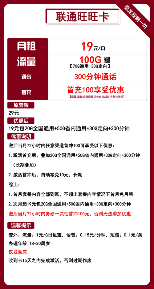 联通流量卡推荐联通旺旺卡19元月100g流量 300分钟通话长期套餐仅