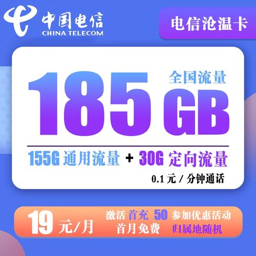 电信沧温卡19元185g全国流量 01元分钟通话