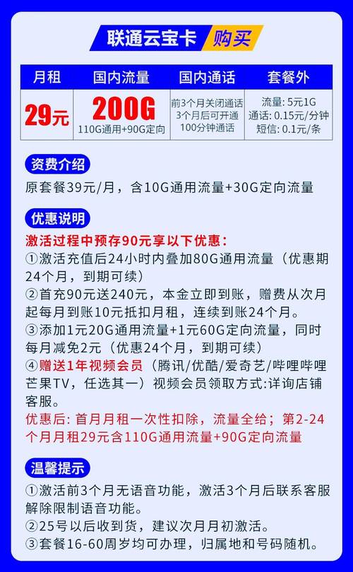联通云宝卡29元200g全国流量 100分钟通话