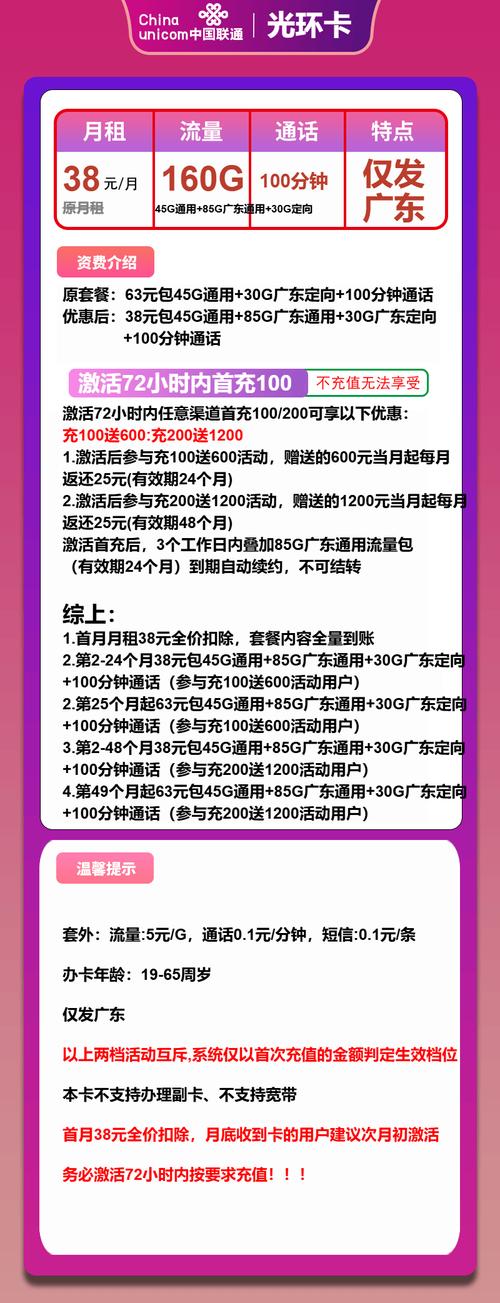 联通光环卡 38 元月租享 160g 流量   100 分钟通话长期套餐限时申领