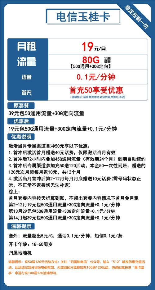 电信流量卡推荐电信玉桂卡19元月80g流量 通话0