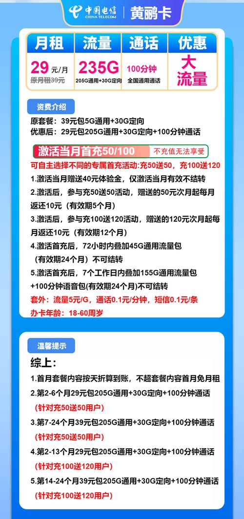 电信流量卡推荐电信黄鹂卡29元月255g流量 100分钟通话
