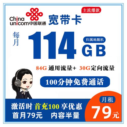 广州联通宽带卡79元114g流量 100分钟通话送300m宽带