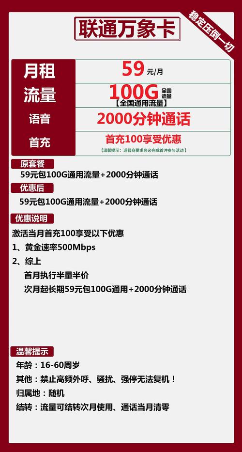 联通万象卡59元月100g流量 2000分钟通话长期套餐