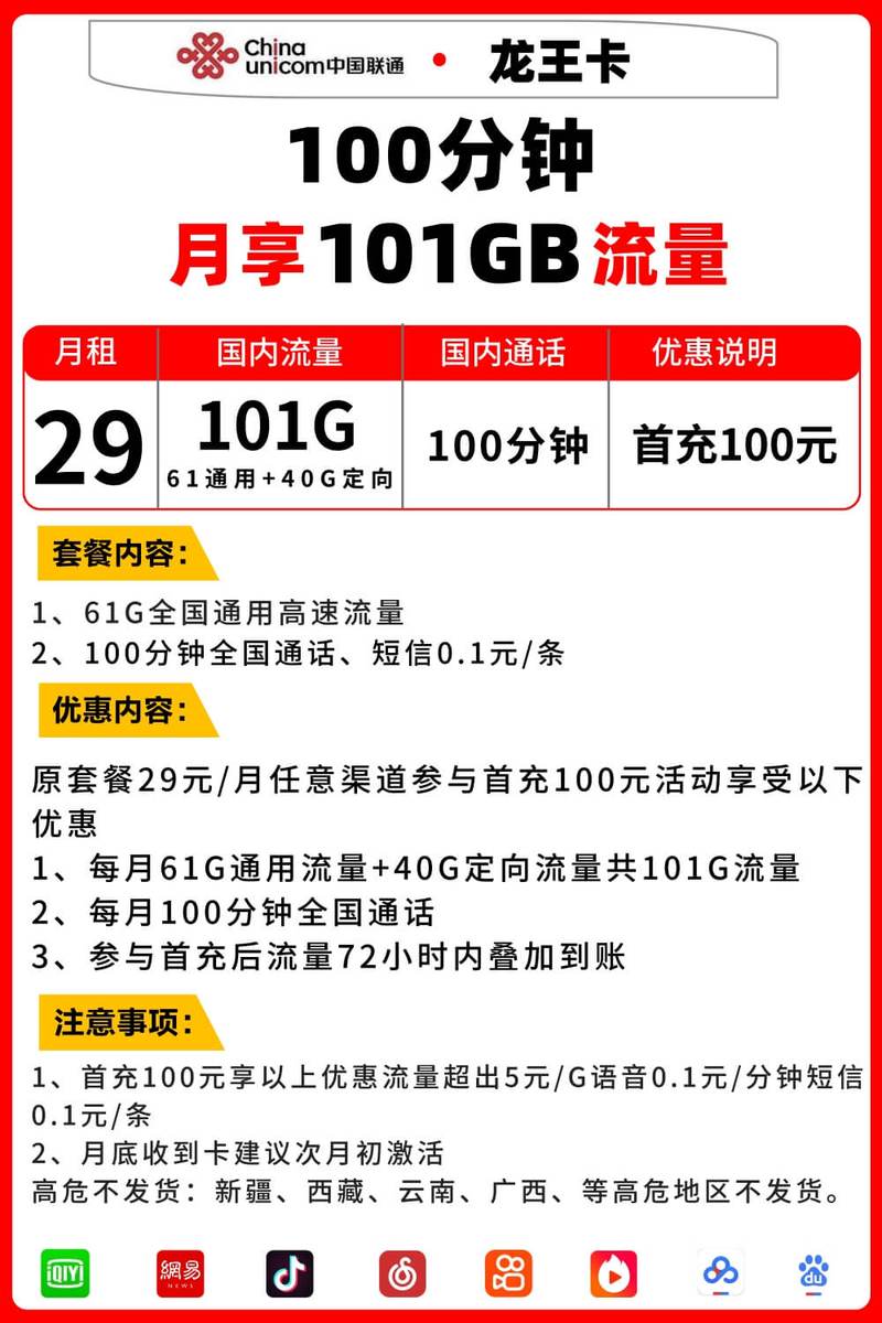 联通龙王卡29元月租 101gb流量 100分钟通话长期套餐