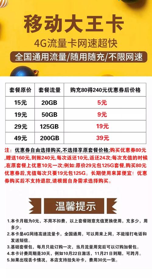 0月租上网卡流量卡4g不限速新移动大王卡