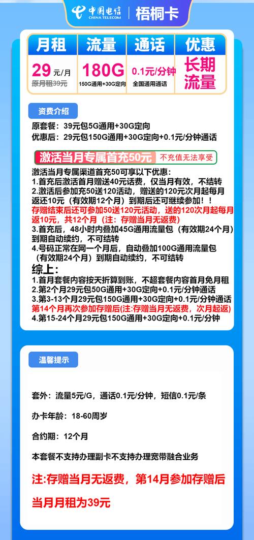 电信流量卡推荐电信梧桐卡29元月180g流量通话01元分钟长期套餐
